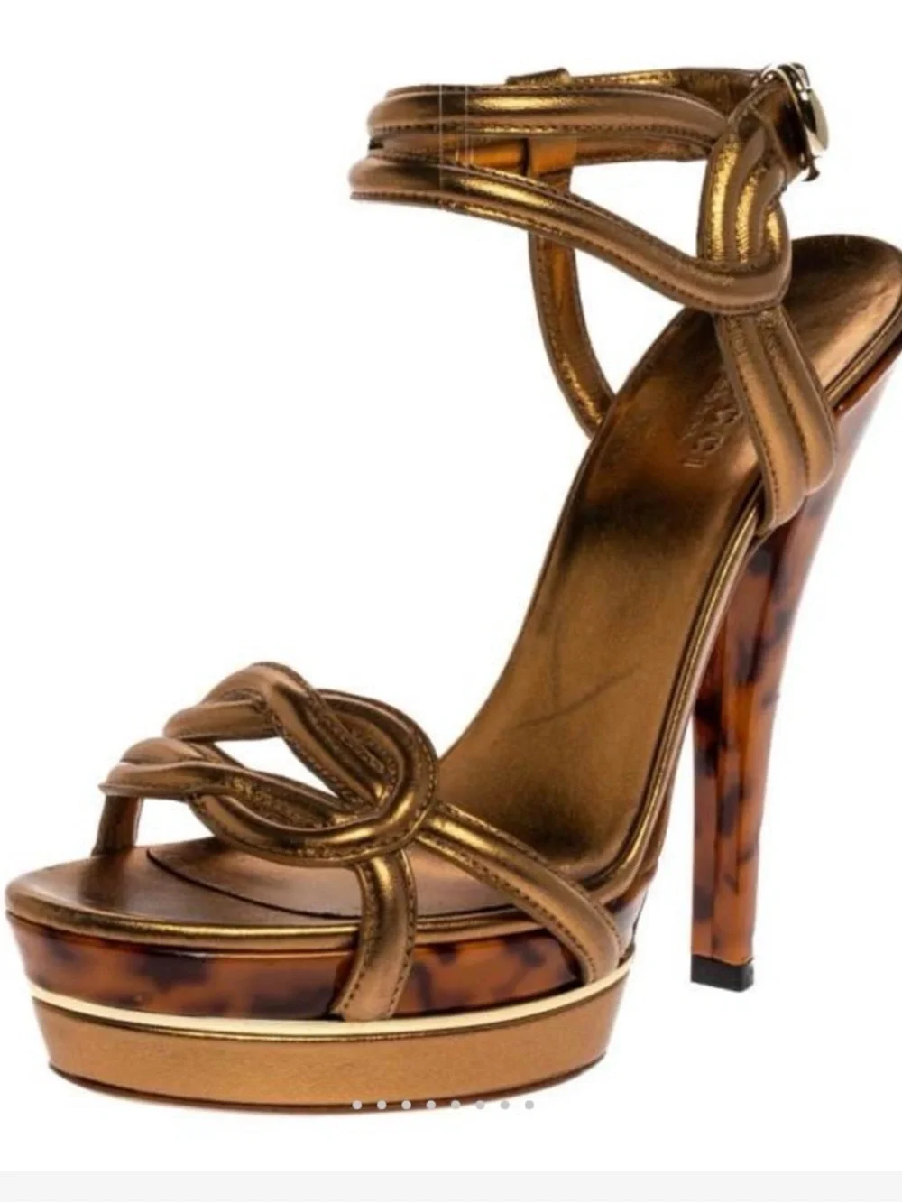 Gucci Metallic Gold Platform Sandals with Tortoiseshell Heel - Picture 2 of 4